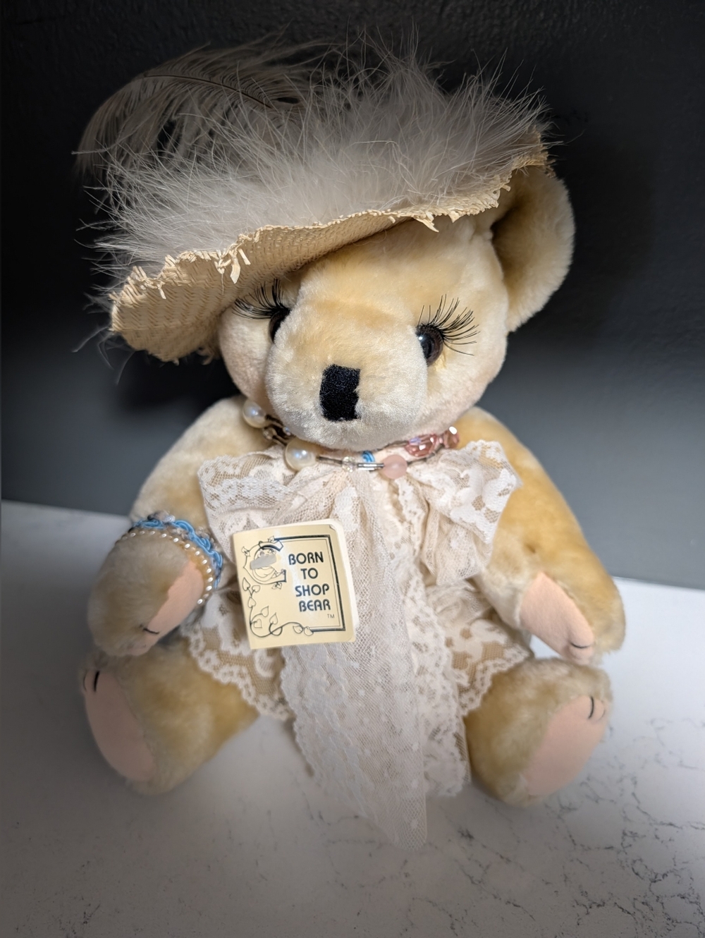 Vintage 'Born to Shop Bear' Plush Teddy in Cream with Lace Hat & Accessories